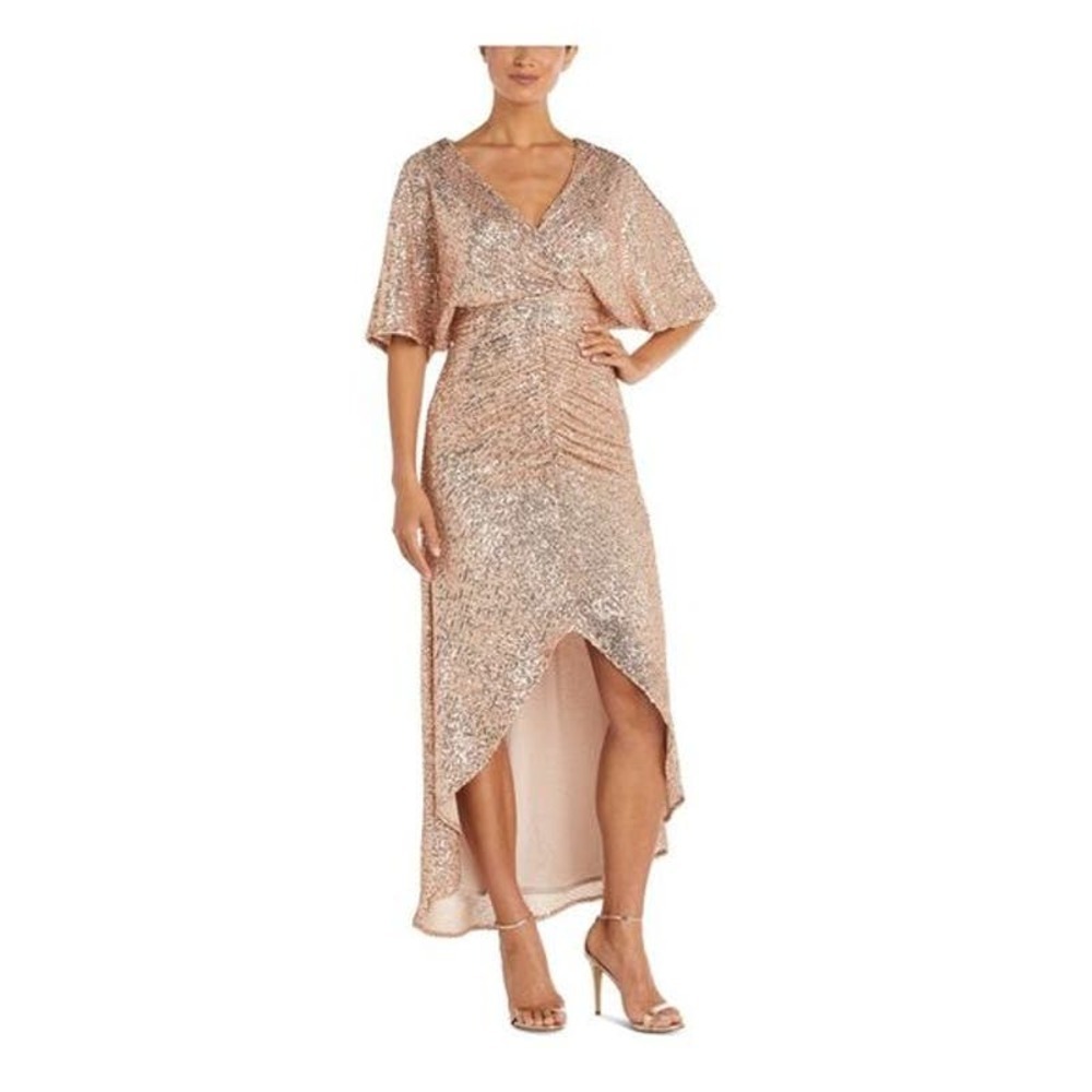 NIGHTWAY Women's Beige Zippered Ruched Lined Maxi Cocktail Hi-Lo Dress Sz 6